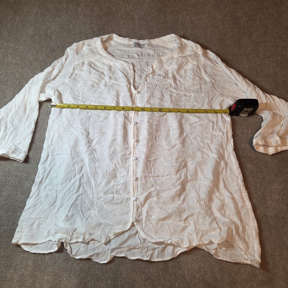 Rose + Olive 1X 3/4 Sleeve V-Neck Button Tunic Blouse White Rayon Women's Top